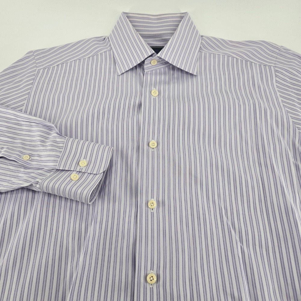 David Donahue Mens Trim Fit Dress Shirt‎ Purple White Stripe 15.5 32/33 Cotton